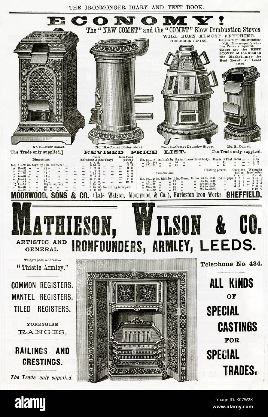 Two ads for 'Moorwood, Sons & Co.' slow combustion stoves and