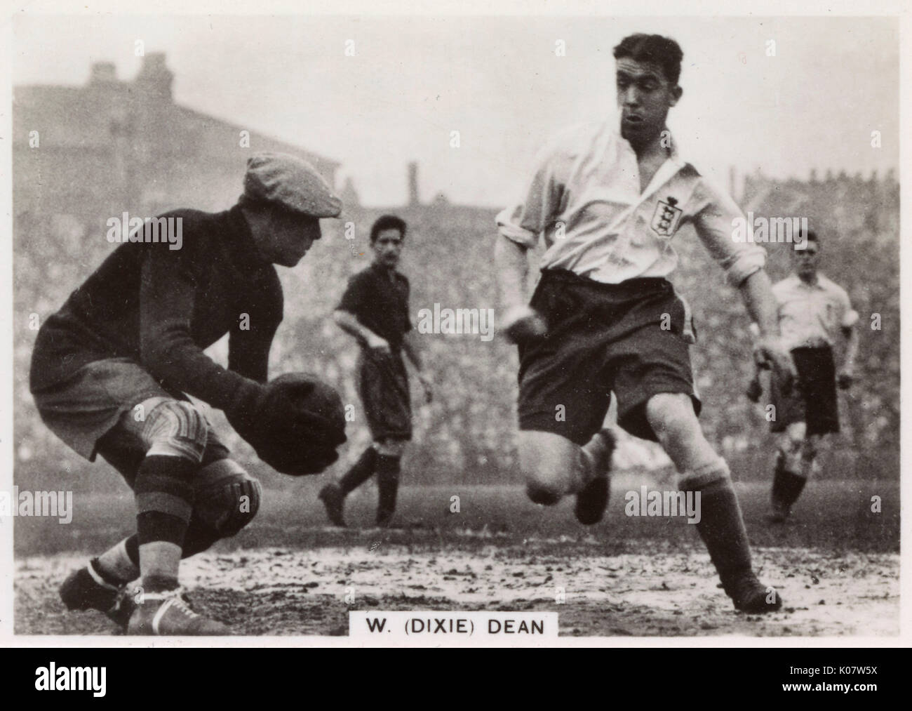 W R (Dixie) Dean (1907-1980), English footballer, Captain of Everton FC football team, seen here (right) in action during a match.      Date: 1930s Stock Photo