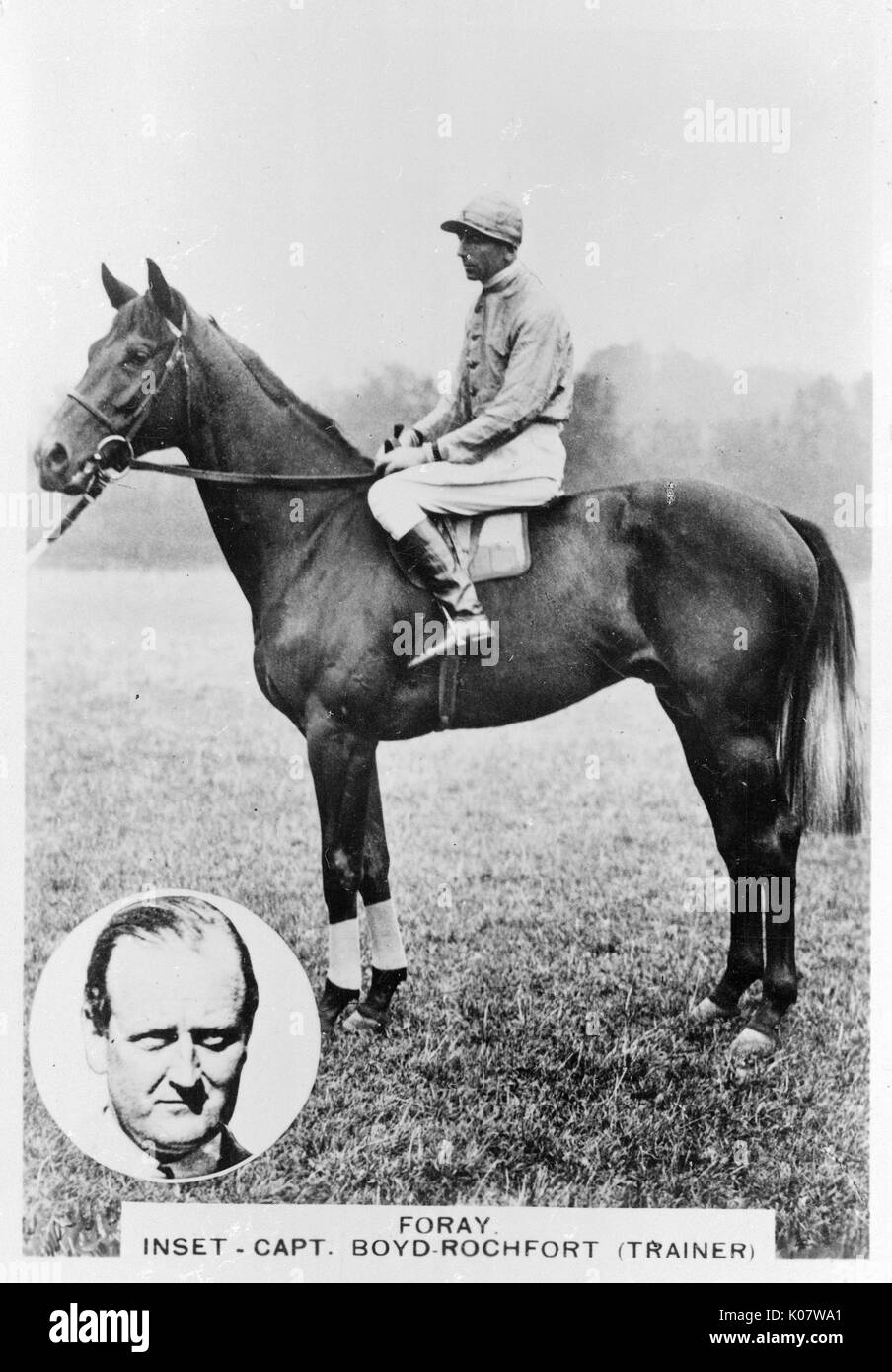 Sir Cecil Charles Boyd-Rochfort (inset, 1887-1983), prizewinning racehorse trainer, and a jockey on Foray.      Date: circa 1936 Stock Photo