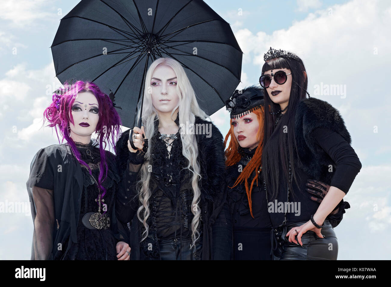 Cosplay, four young woman dressed in gothic clothing, Japan Day 2017, Düsseldorf, North Rhine-Westphalia, Germany Stock Photo