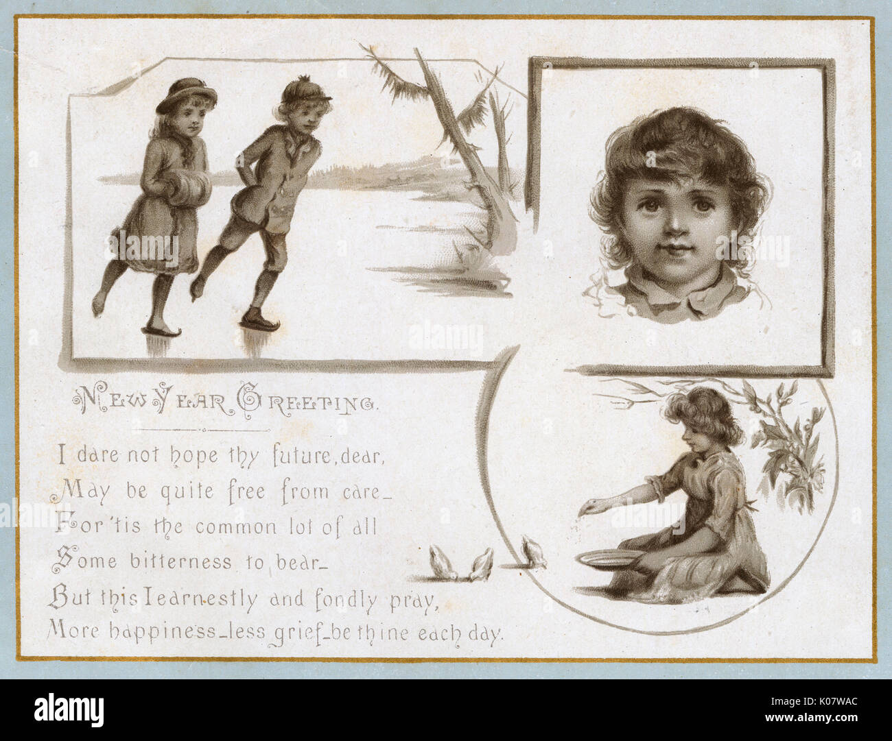 New Year Greetings - Scenes of Children and poetic musings     Date: circa 1890 Stock Photo