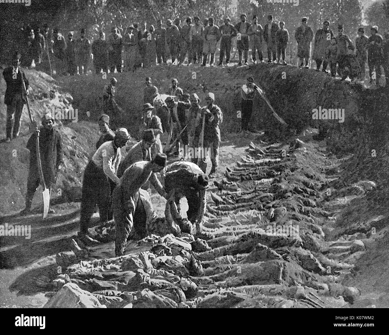 Armenian genocide.  A trench dug for the bodies of victims of the massacre of Armenian Christians at Erzeroum (Erzerum) by Turkish troops.  The massacres were the result of an attempt by Sultan Abdul Hamid II to reinforce the territorial integrity of the embattled Ottoman Empire and re-assert Pan-Islamism as a state ideology.  The massacre in Erzerum began when the priest of Tevik was shot by Turkish soldiers when he and other Armenians were at the Serai (the chief government building in Erzerum) trying to gain an audience with the Vali.    1895 Stock Photo