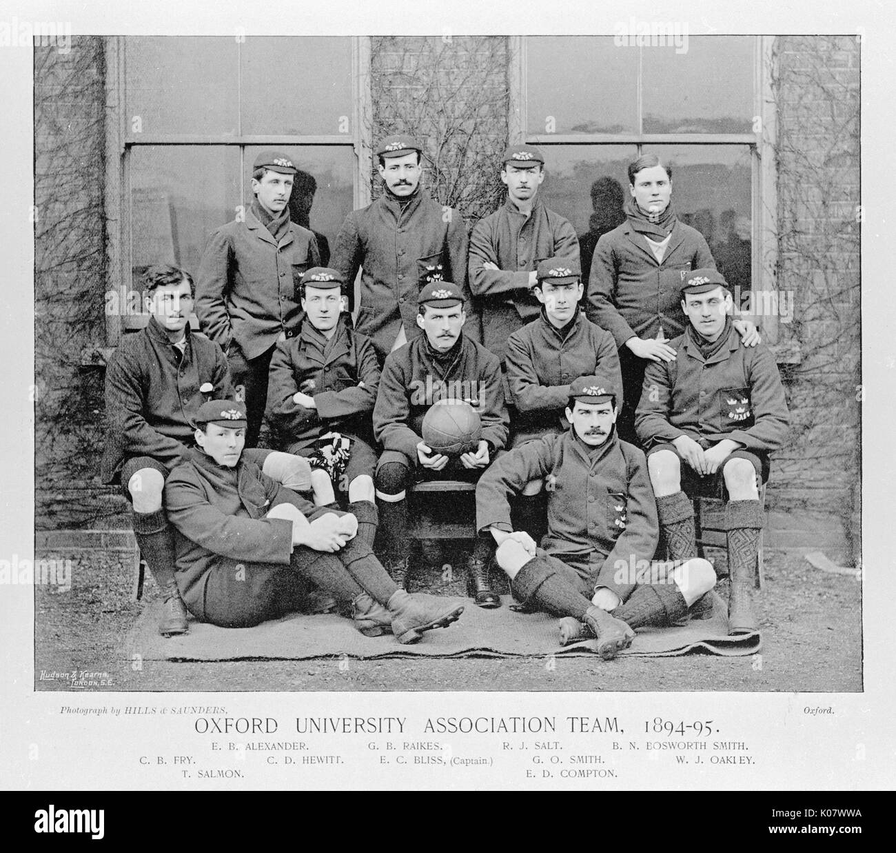 Group photo, Oxford University Association Football team: Alexander, Raikes, Salt, Bosworth Smith, Fry, Hewitt, Bliss (Captain), Smith, Oakley, Salmon, Compton.      Date: 1894-1895 Stock Photo