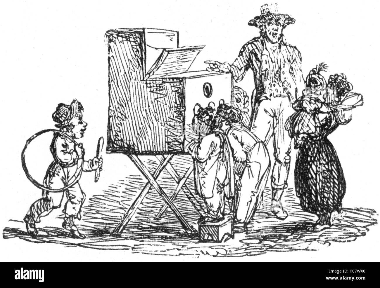 Children looking into a peep box device, c.1810.      Date: C.1810 Stock Photo