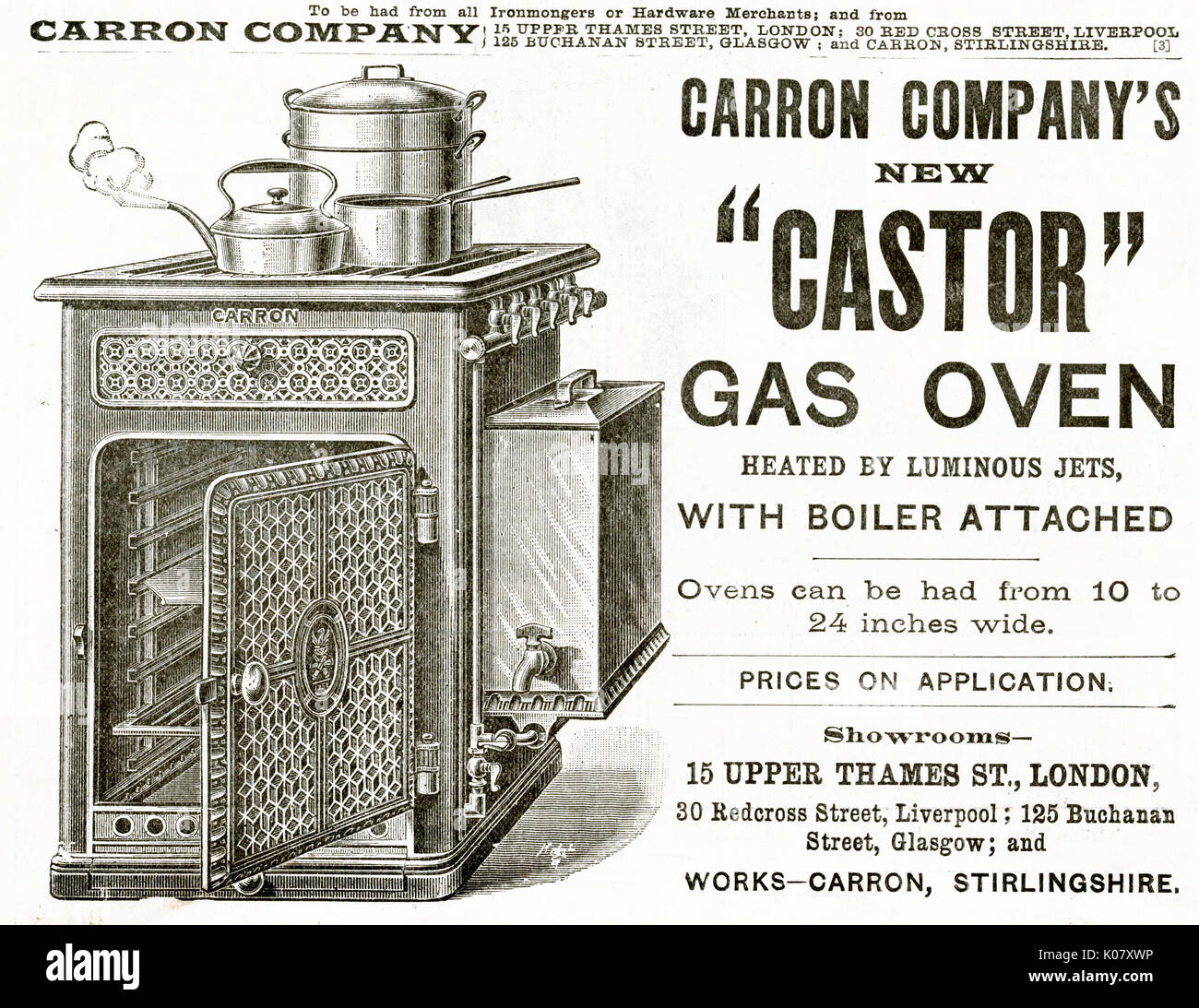 New 'Castor', gas oven, heated by luminous jets with boiler attached.      Date: 1889 Stock Photo