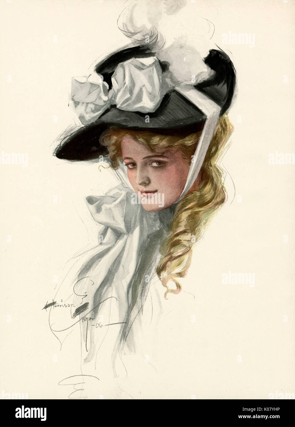 Attractive woman wearing a broad brimmed straw bonnet secured by ribbon  tied under the chin. 1906 Stock Photo - Alamy