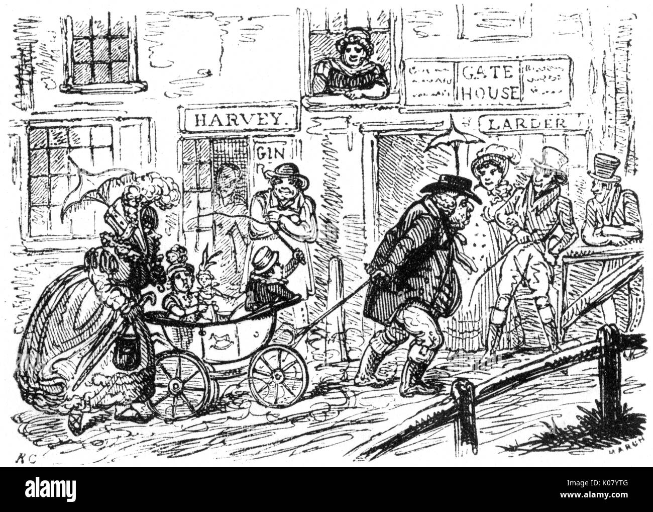 Man pulling pram and children uphill, c.1820 Stock Photo