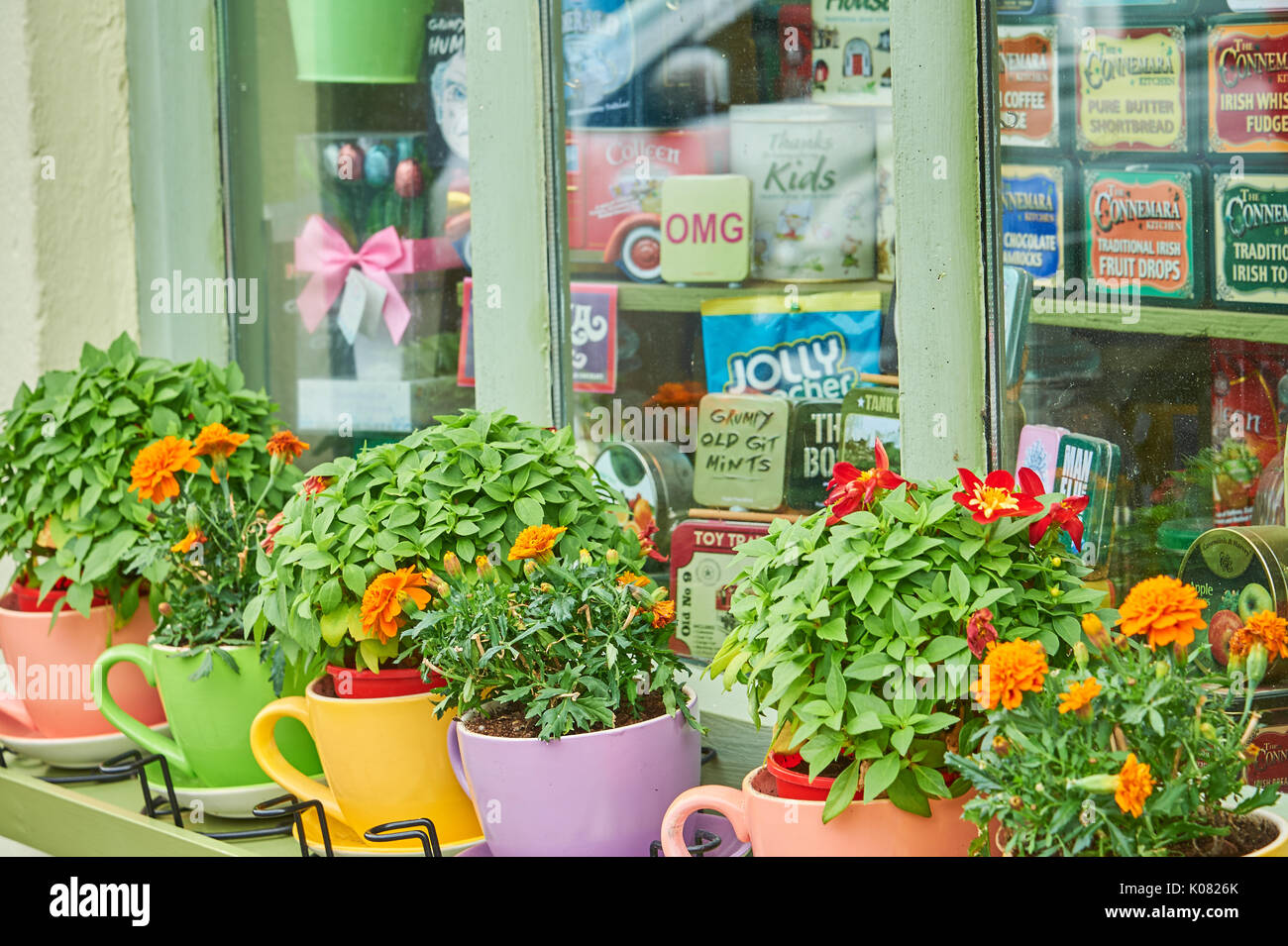 Colourful window box outside a shop in Kenmare, County Kerry, Ireland Stock Photo