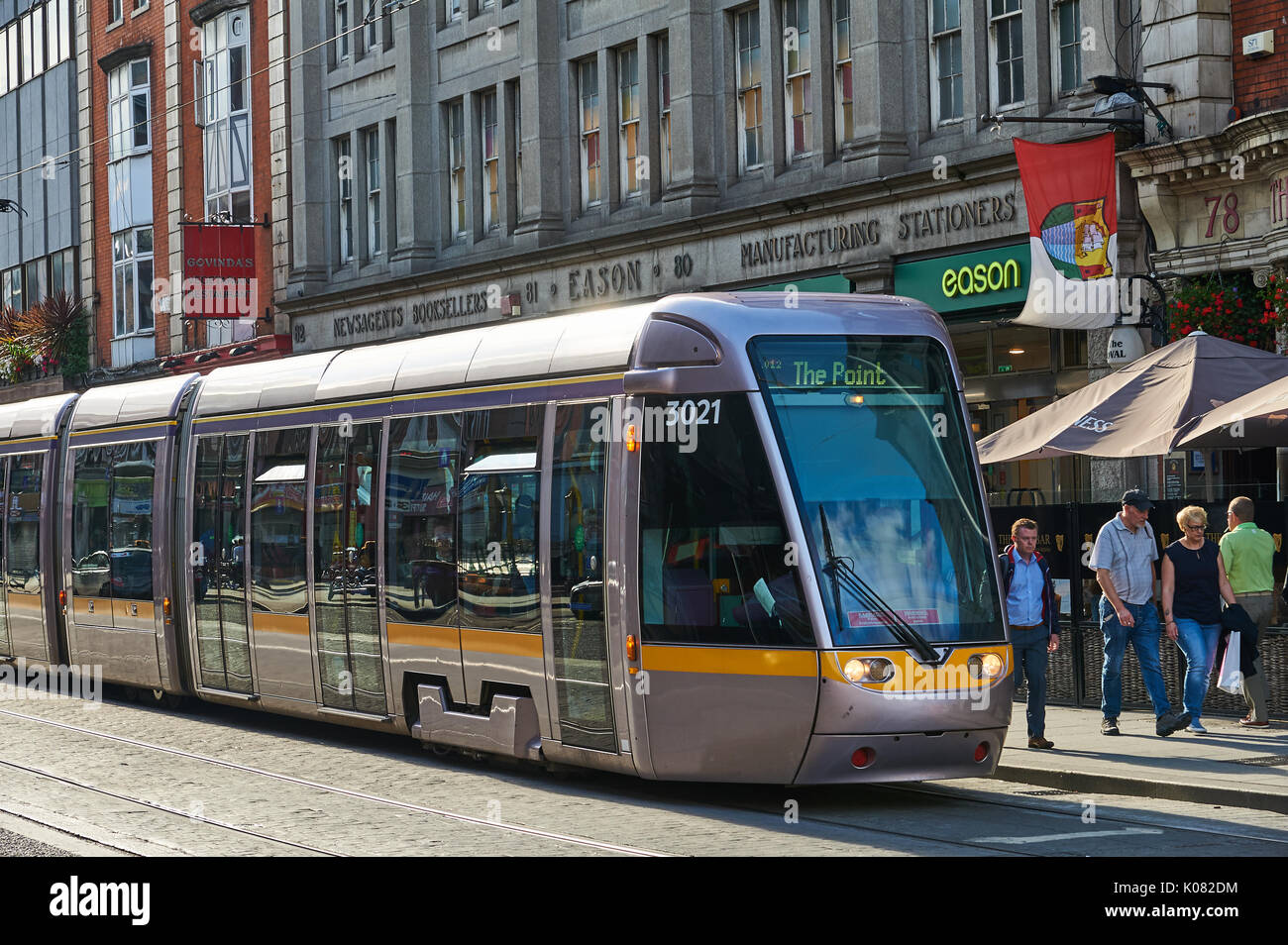 A silver tram in Dublin City Centre Stock Photo
