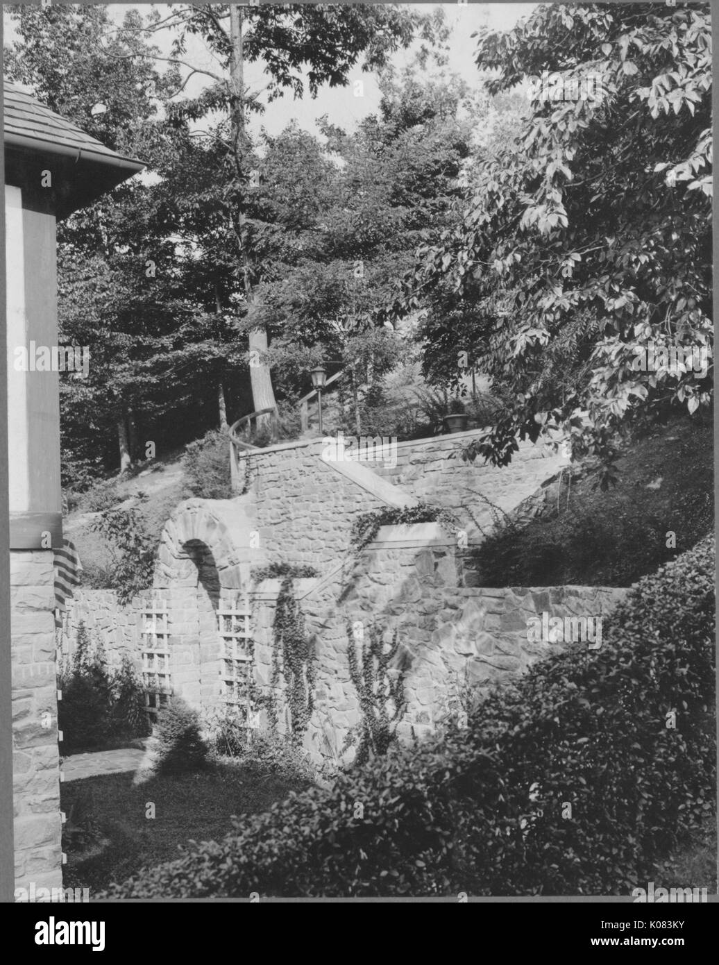 Foliage and ivy growing around and upon stonework construction behind house, with trees in the vicinity; Roland Park/Guilford, 1910. This image is from a series documenting the construction and sale of homes in the Roland Park/Guilford neighborhood of Baltimore, a streetcar suburb and one of the first planned communities in the United States. Stock Photo
