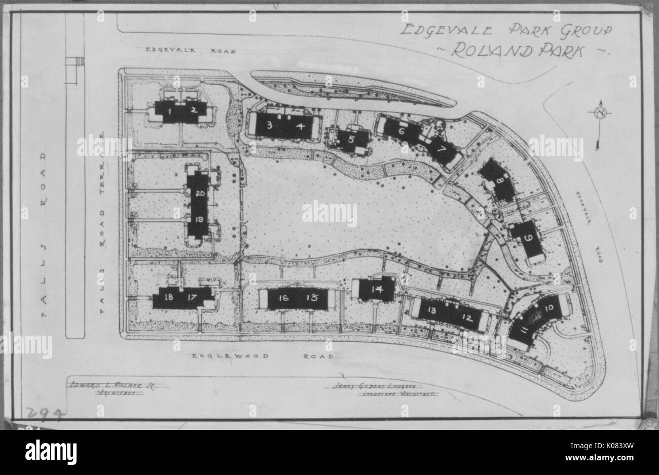 Sketch of the Edgevale Park Group, featuring twenty buildings situated along Falls Road terrace, Englewood road, and Edgevale road, in the Roland Park neighborhood of Baltimore, Maryland, 1910. This image is from a series documenting the construction and sale of homes in the Roland Park/Guilford neighborhood of Baltimore, a streetcar suburb and one of the first planned communities in the United States. Stock Photo