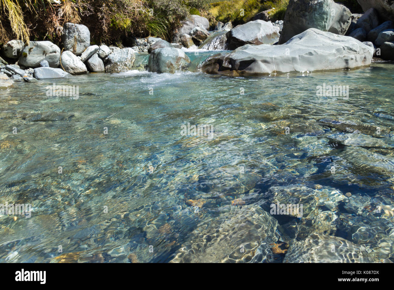 Close view of a small river from the Hooker Valley track. Stock Photo