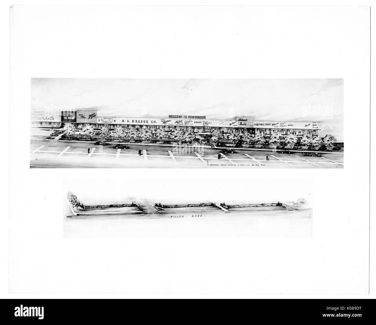 Photograph (top) and sketch (bottom) of the Northwood Shopping Center