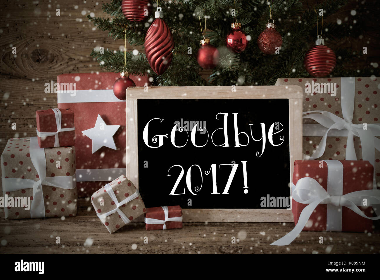 Nostalgic Christmas Tree With Goodbye 2017, Snowflakes Stock Photo