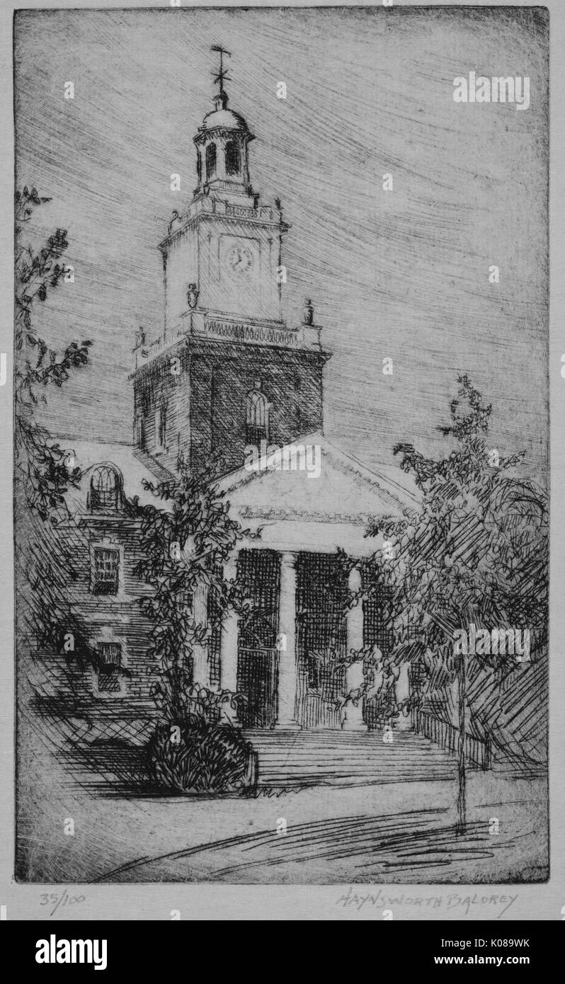 A drawing of Gilman Hall on Johns Hopkins campus in Baltimore, with Doric columns and bell tower, a brick building and large windows, Baltimore, Maryland, 1920. Stock Photo