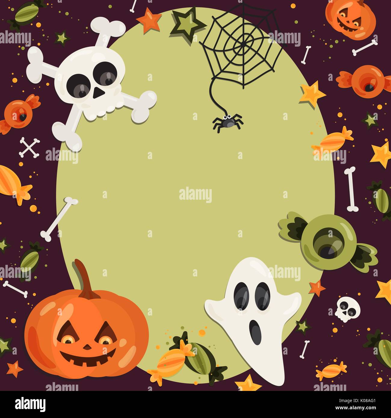 Halloween cartoon art in flat style. Green background, frame with cute ghost, pumpkin, eye, bone, skull, sweet for text and design. Vector illustration Stock Vector