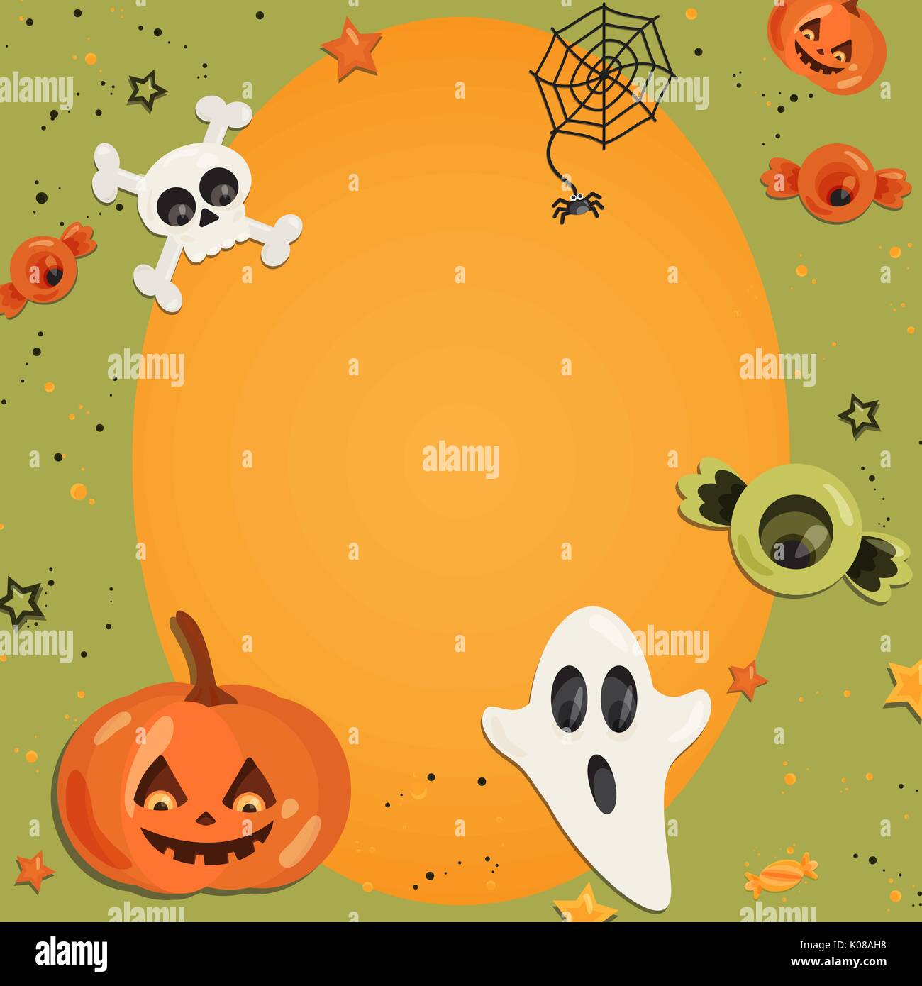 Halloween cartoon art in flat style. Orange background, frame with cute ghost, pumpkin, eye, bone, skull, sweet for text and design. Vector illustration Stock Vector