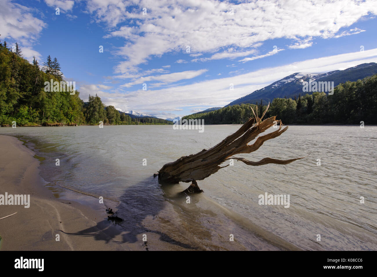 Lower Stikine river before entering Coastal mountains Stock Photo