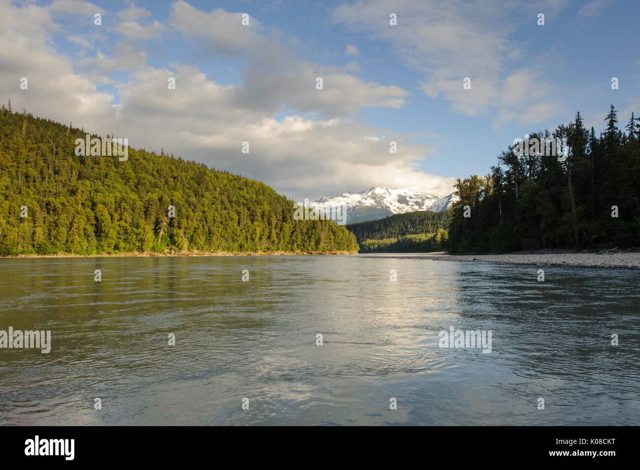 Lower Stikine river before entering Coastal mountains Stock Photo