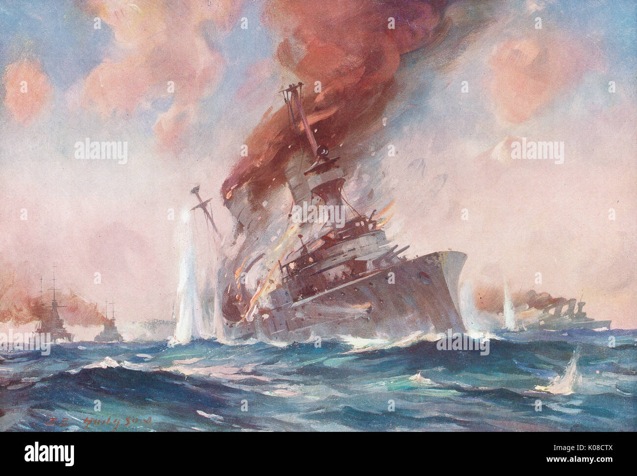 The sinking of SMS Scharnhorst at the Battle of the Falkland Islands, 8 December 1914, WW1 Stock Photo