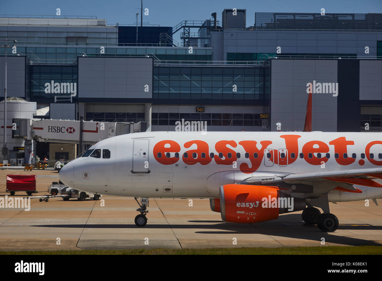 Low-cost budget carrier EasyJet at  Gatwick Airport's North Terminal Stock Photo