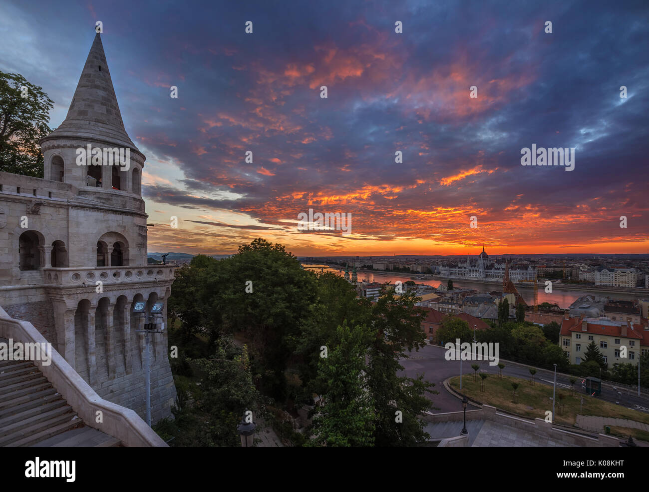 Budapest, Hungary - Beautiful sunrise and colorful clouds and sky over the capital of Hungary and hungarian parliament taken from Fisherman's Bastion Stock Photo