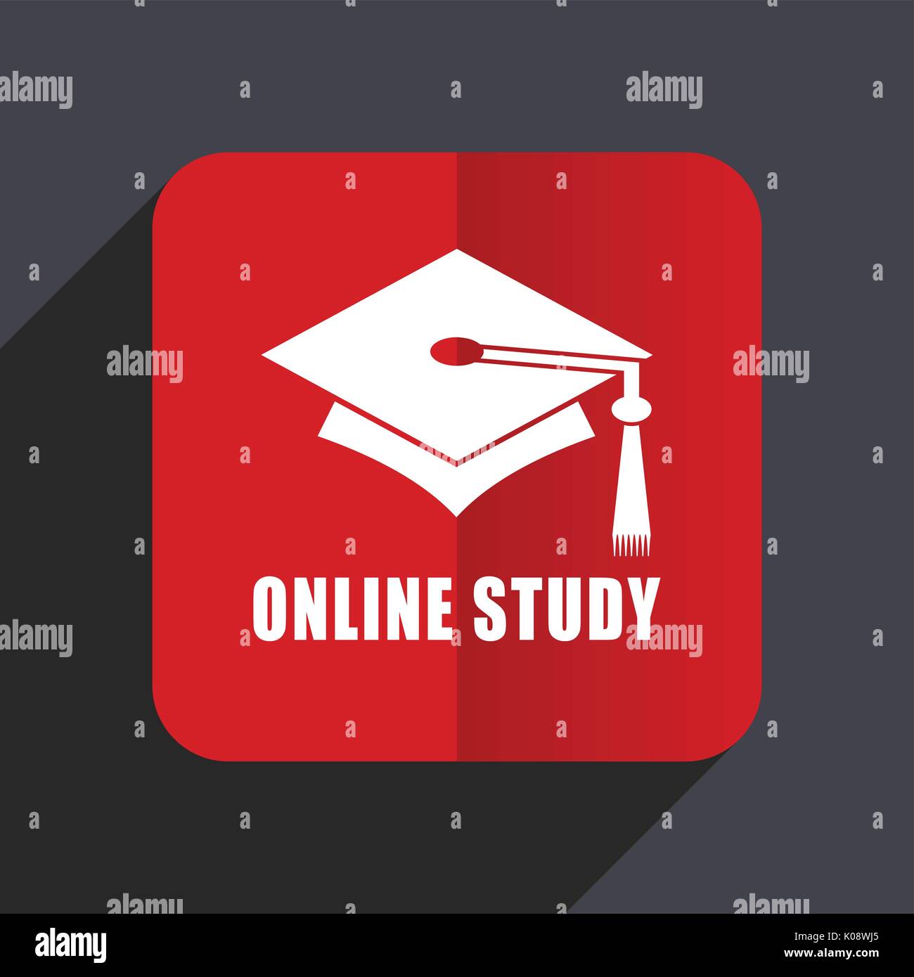 Online, study flat design web vector icon. Red square sign on gray background in eps 10. Stock Vector