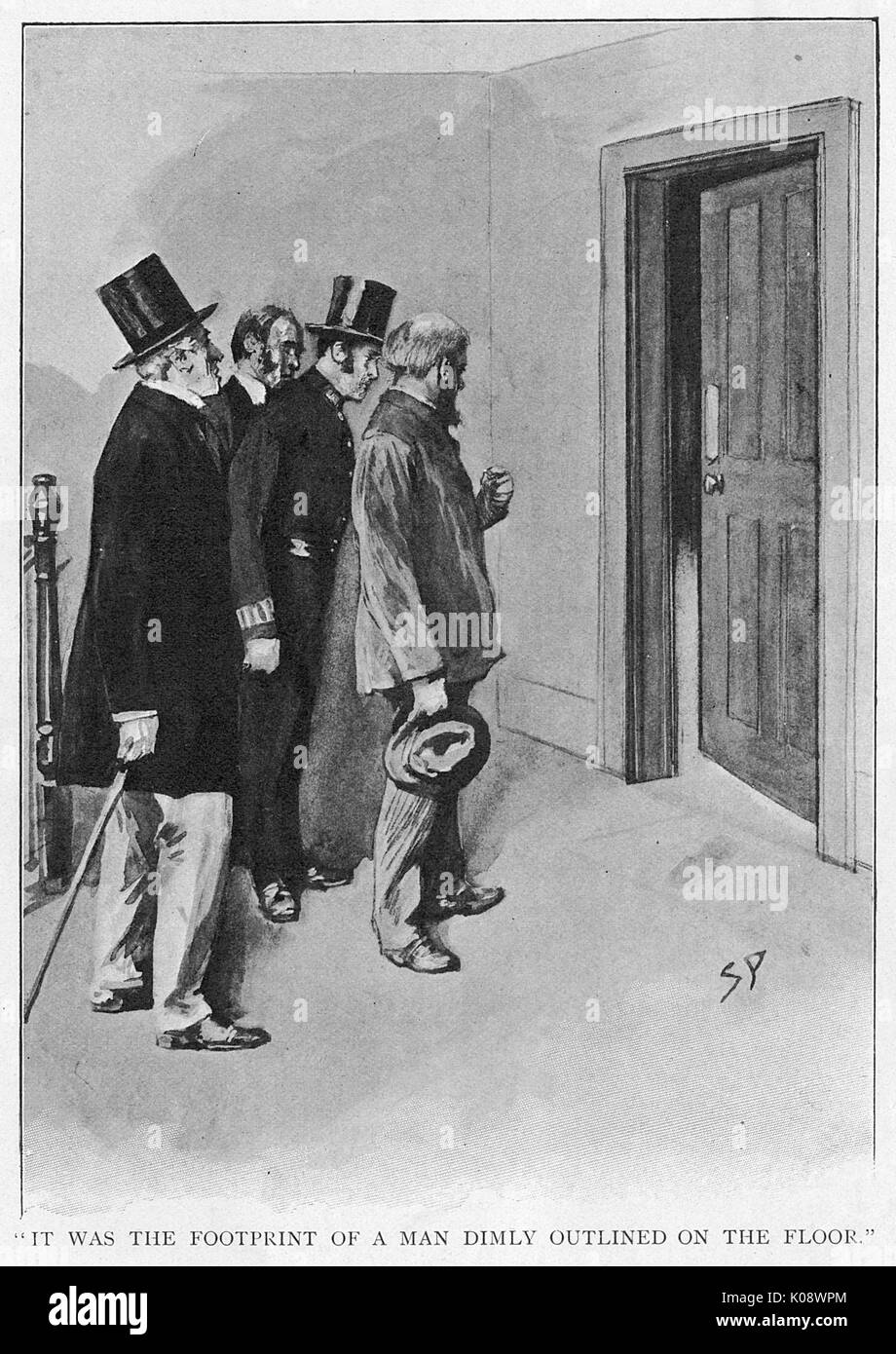 Police arrive at the crime scene, a bloody footprint of Mary Emsley's murdered visible by the open door.     Date: 19th Century Stock Photo