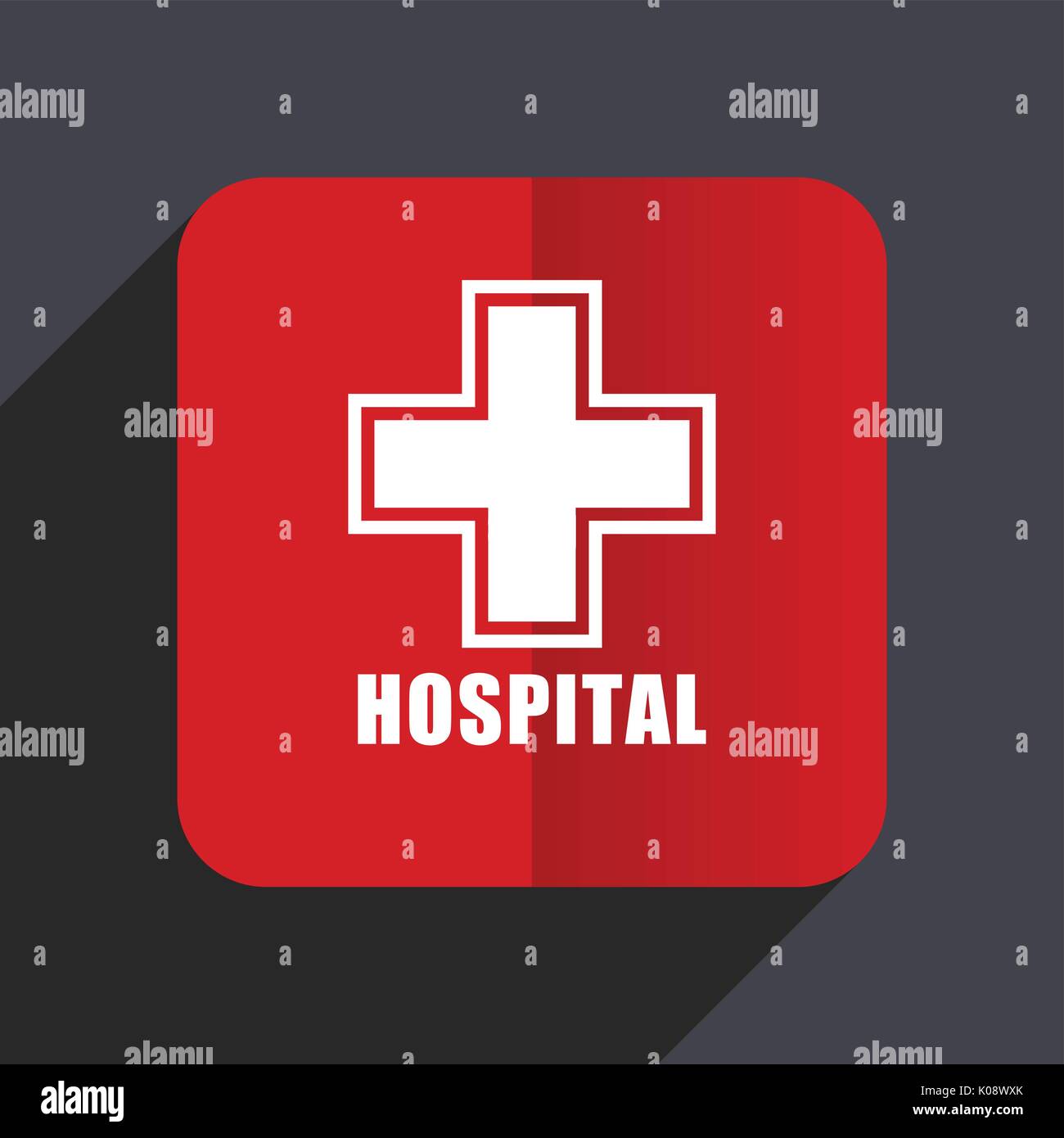 Hospital flat design web vector icon. Red square sign on gray ...
