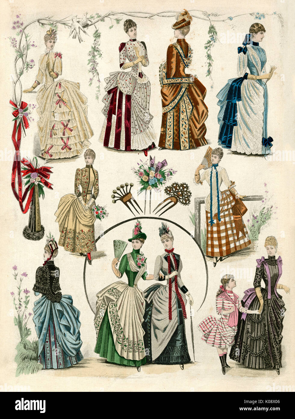 Hand-coloured page of the latest Paris fashion of 1886.  1886 Stock Photo