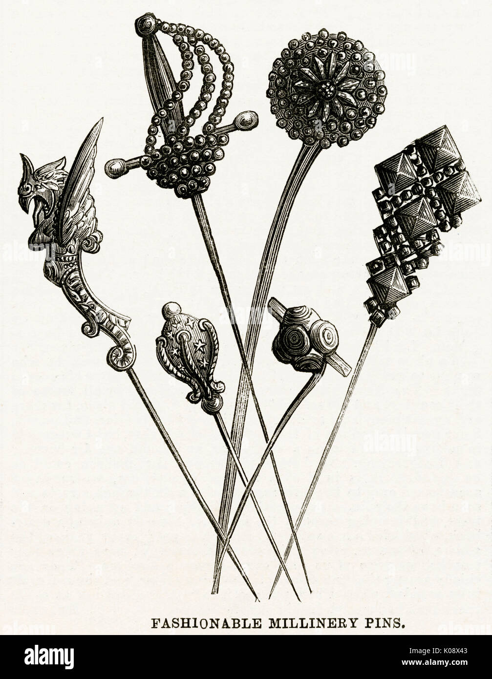 Selection of fashionable millinery pins 1886 Stock Photo Alamy