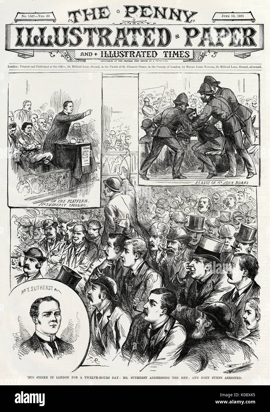 Front cover of 'The Penny Illustration Paper' showing the first strike by London transport workers in 1891, over working conditions and pay.      Date: 1891 Stock Photo