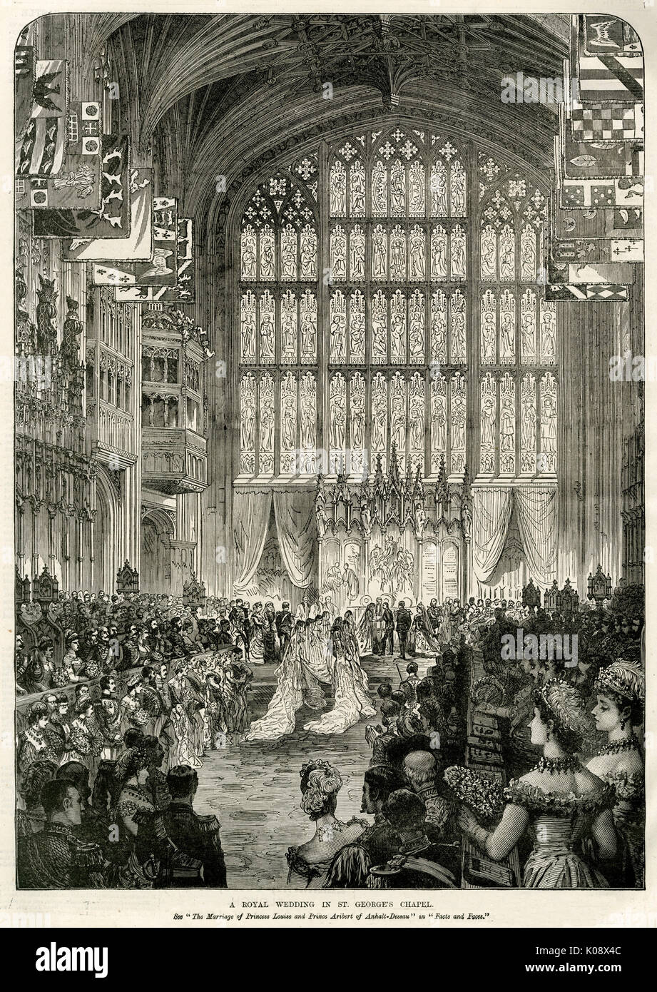 Marriage of Princess Marie-Louise of Schleswig-Holstein (younger daughter of Princess Helena, Princess Christian of Schleswig-Holstein), to Prince Aribert of Anhalt-Dessau in St. George's Chapel at Windsor Castle. The marriage was later dissolved.   6 July 1891 Stock Photo