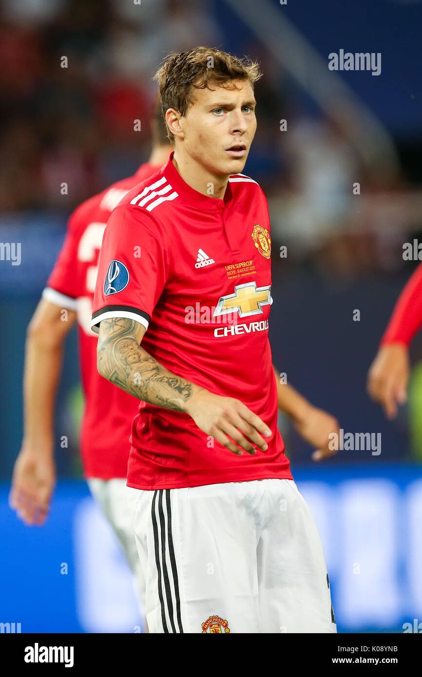 Skopje, FYROM - August 8,2017: Manchester United Victor Lindelof during the UEFA Super Cup Final match between Real Madrid and Manchester United at Ph Stock Photo