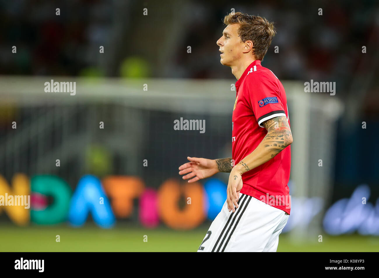 Skopje, FYROM - August 8,2017: Manchester United Victor Lindelof during the UEFA Super Cup Final match between Real Madrid and Manchester United at Ph Stock Photo