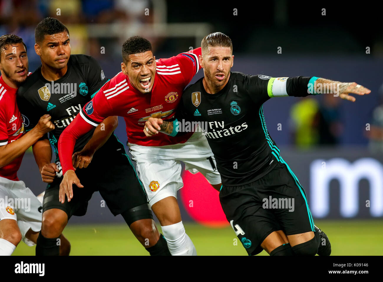 Skopje,FYROM-August 8,2017:Real Madrid S. Ramos (R) and Manchester United J. Lingard (2R) during the UEFA Super Cup Final match between Real Madrid an Stock Photo