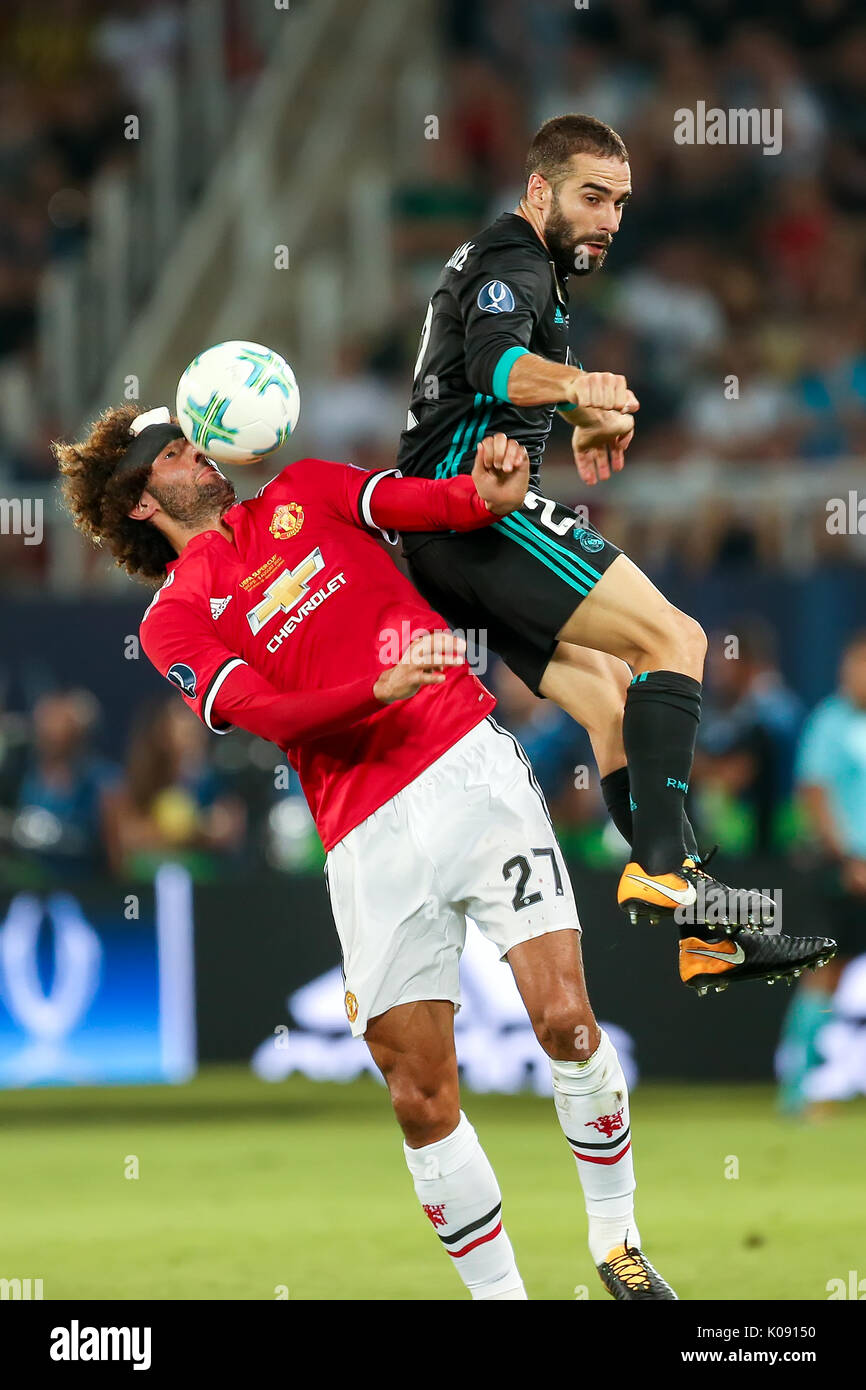 Skopje Fyrom August 8 17 Real Madrid D Carvajal R And Manchester United M Fellaini L During The Uefa Super Cup Final Match Between Real Madrid Stock Photo Alamy
