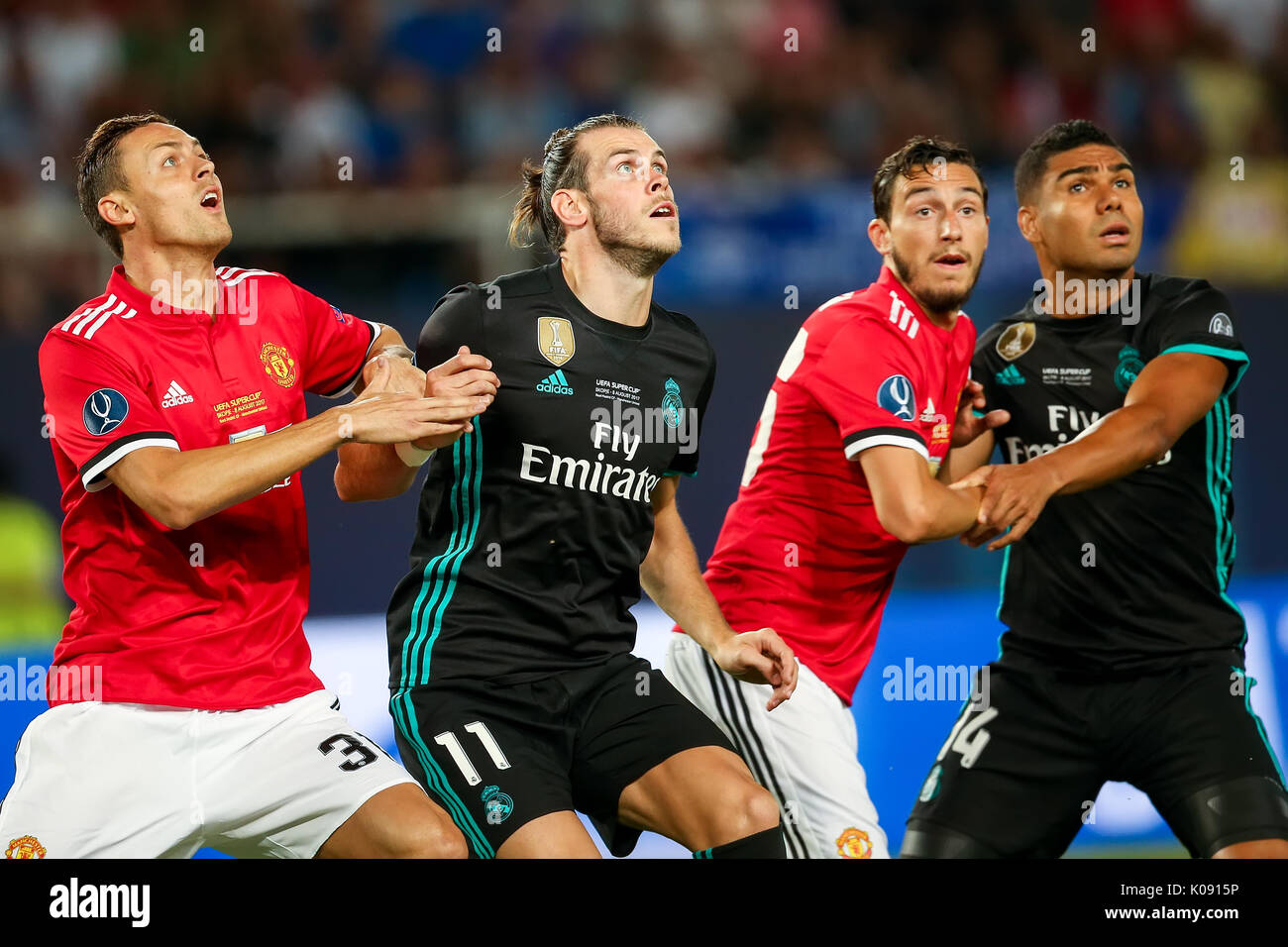 Skopje, FYROM - August 8,2017: Real Madrid G. Bale (2L) and Manchester United N. Matic (L) during the UEFA Super Cup Final match between Real Madrid a Stock Photo