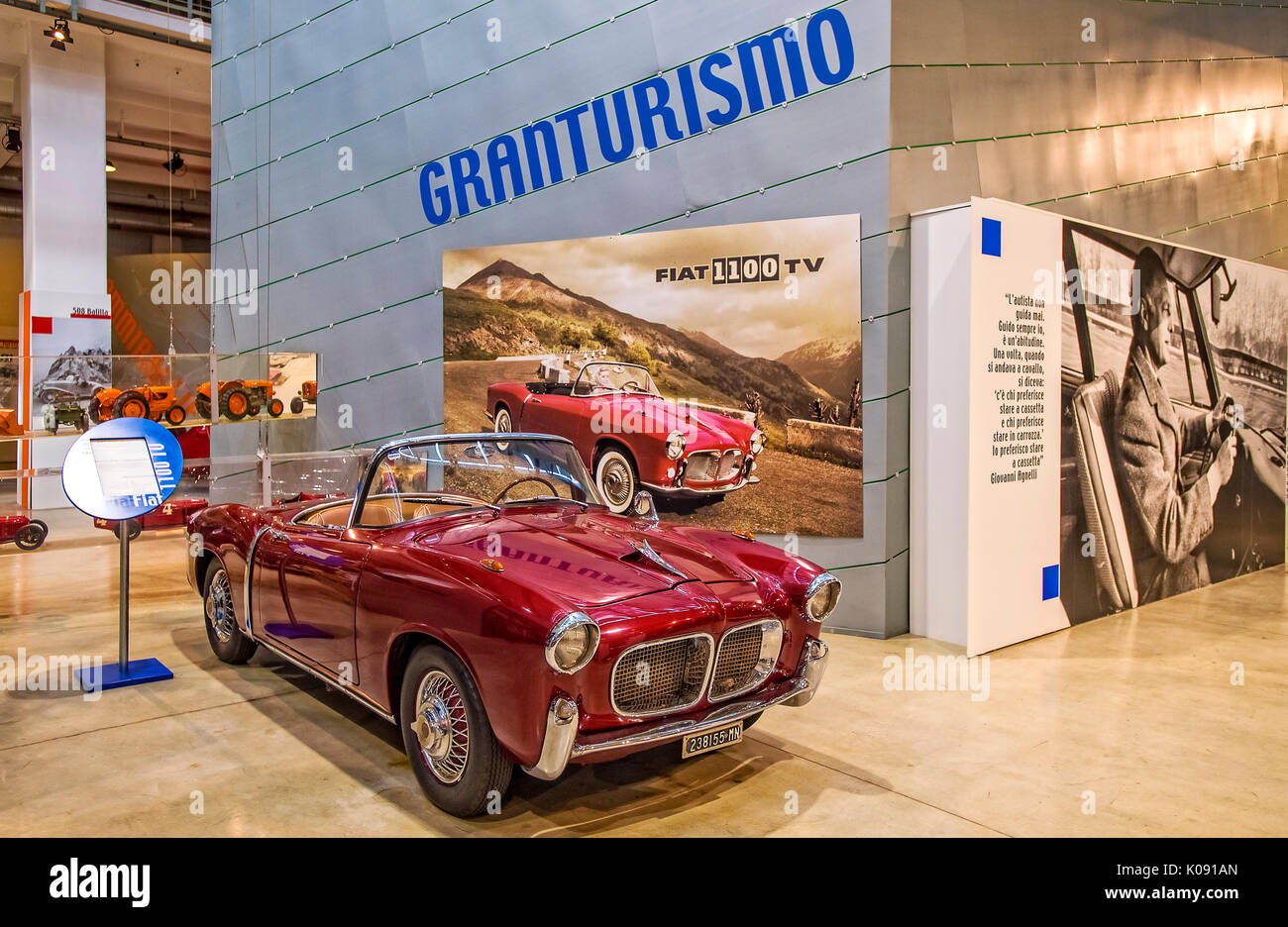 The Fiat Centro Storico is a museum and business archive based in Turin. Exposes cars, planes, trains, tractors, trucks, bicycles, washing machines, refrigerators with Fiat brand - Fiat 1100 Granturismo Stock Photo