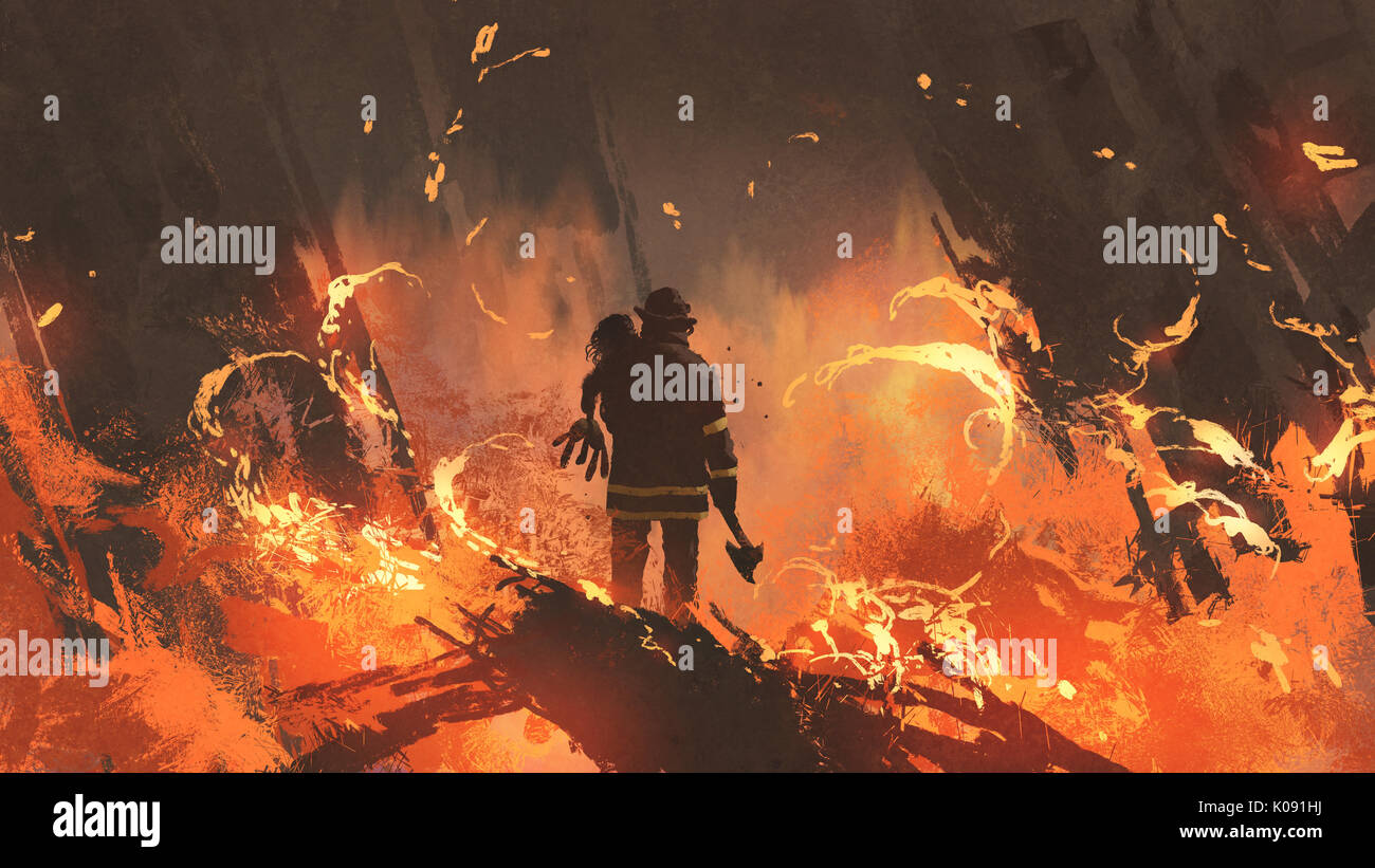 firefighter holding girl standing in burning buildings, digital art style, illustration painting Stock Photo