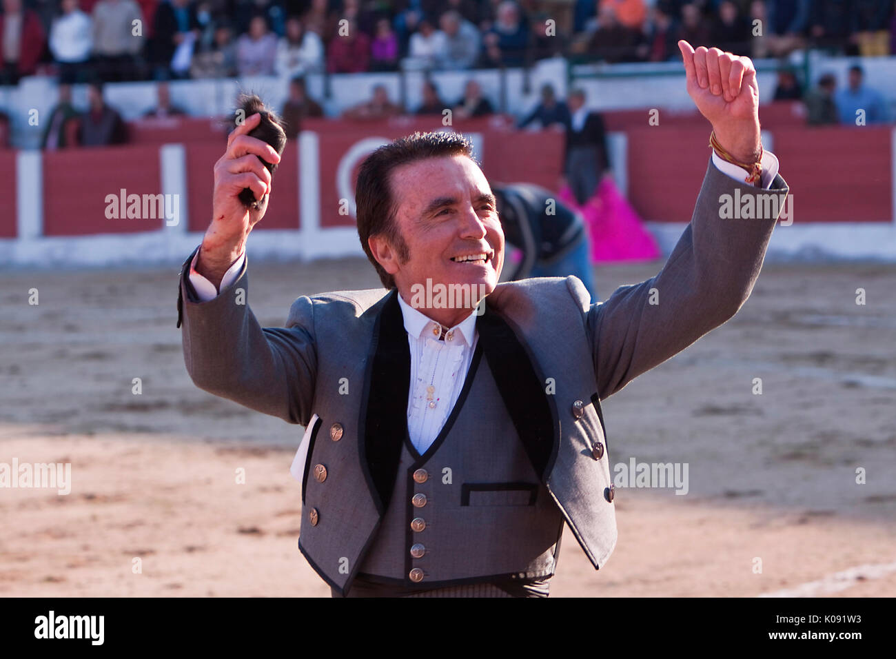 The Spanish Bullfighter Jose Ortega Cano to the turning of honour with an ear in his hand, Linares, province of Jaen, Spain, 14 march 2010 Stock Photo