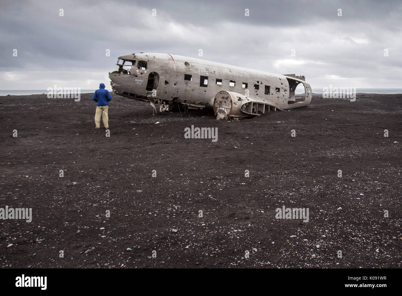 DC 3 Airplane wreck on Solheimasandur floodplane in south Iceland Stock Photo