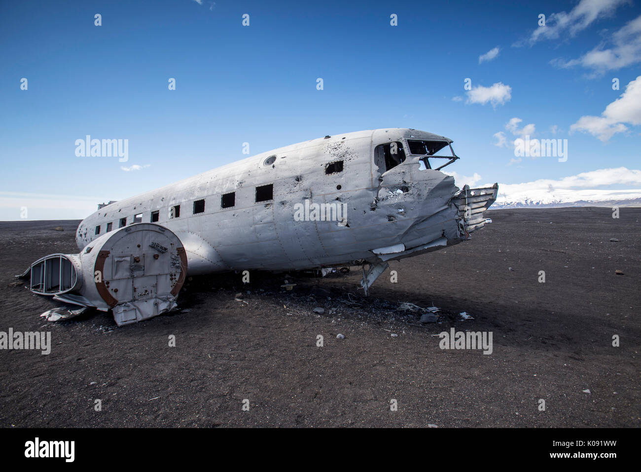 DC 3 Airplane wreck on Solheimasandur floodplane in south Iceland Stock Photo