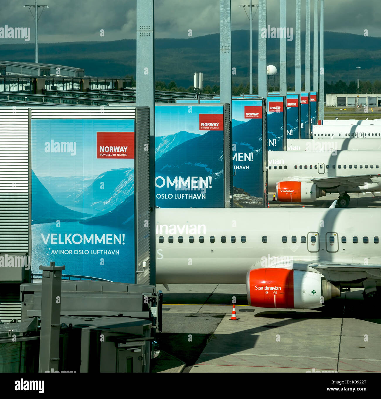 NORWAY, OSLO, GARDERMOEN AIRPORT - JULY 9, 2017: SAS Scandinavian airlines airplanes stands in parking positions in alignment, editorial Stock Photo