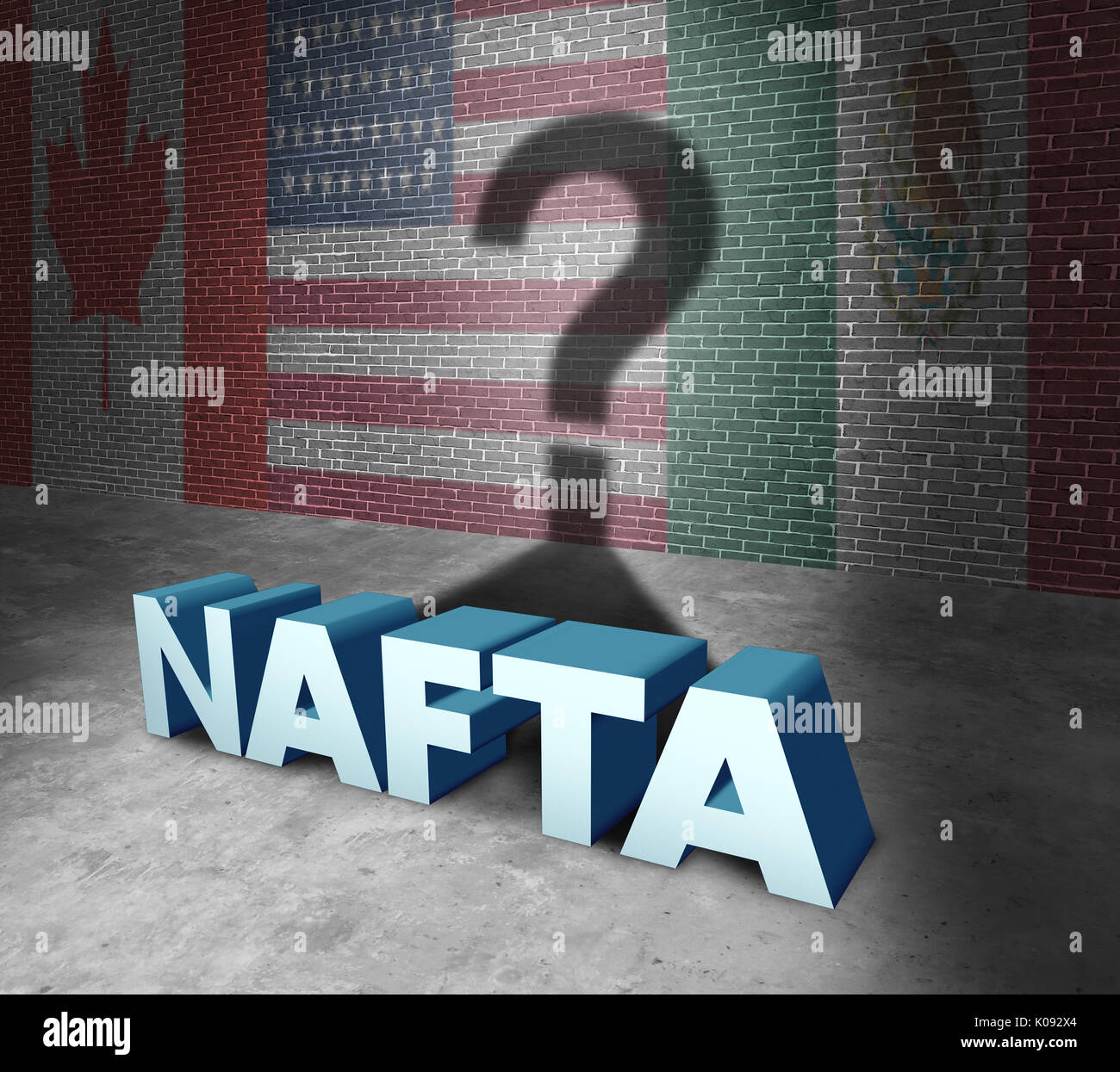 NAFTA or the north american free trade agreement concept as the flags of United States Mexico and Canada as a trade deal negotiation question. Stock Photo