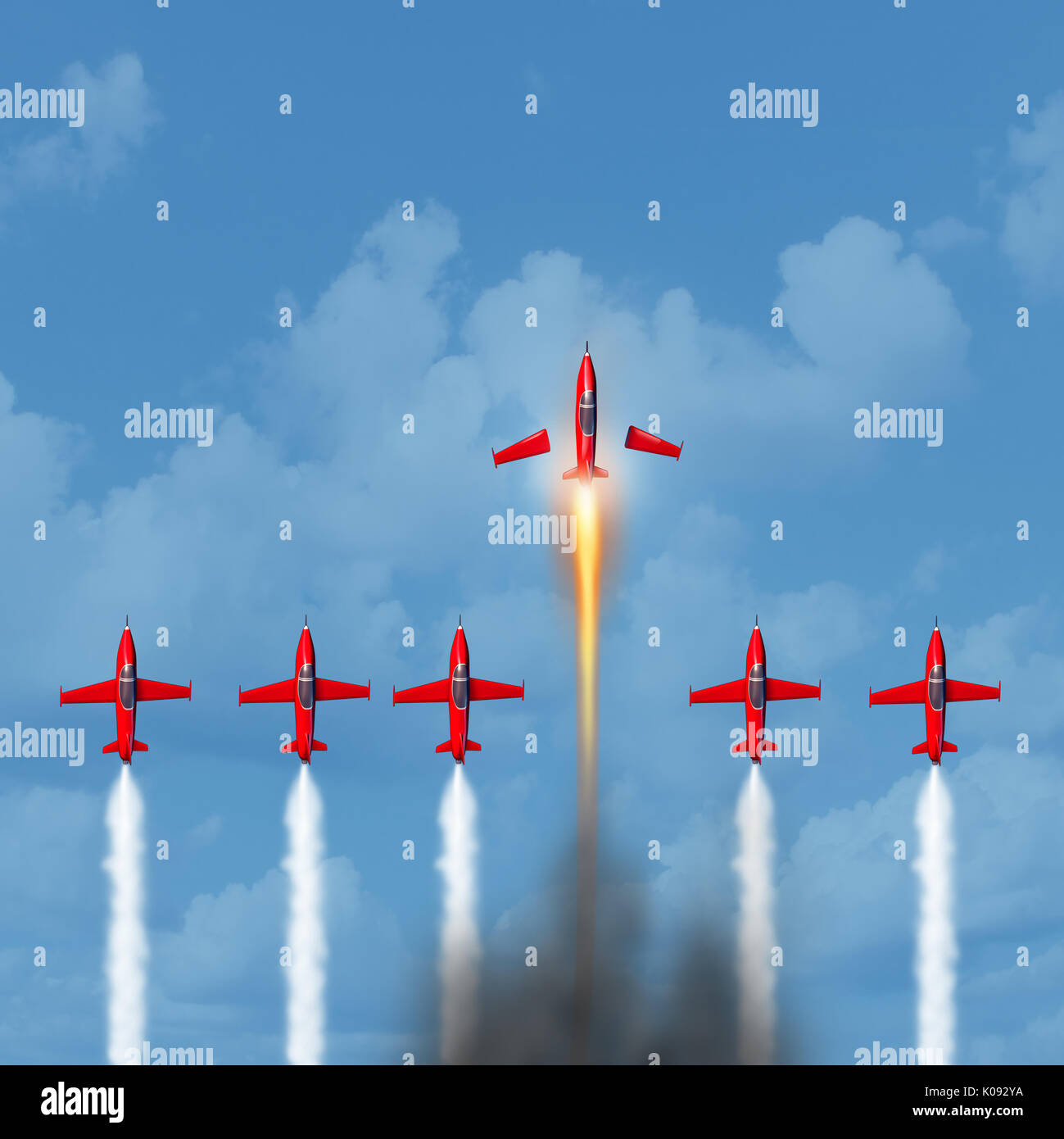 Business winner concept as a group of airplanes with air smoke trail with an individual plane transforming into a rocket blasting ahead. Stock Photo