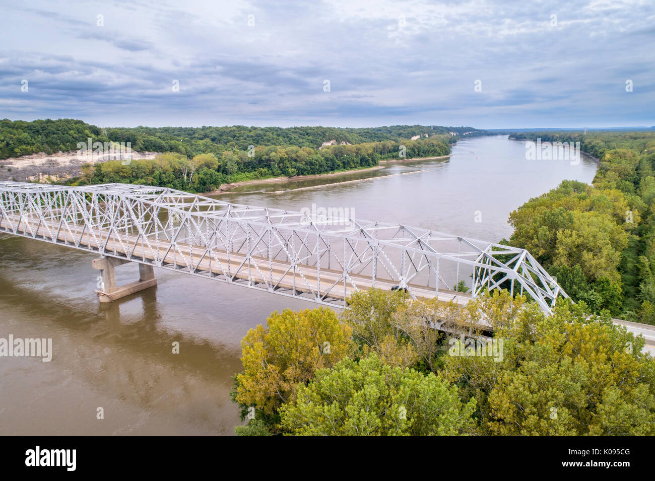 Missouri River bridge and I70 highway near Rocheport, MO aerial view