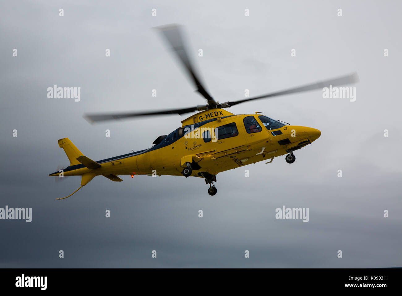 Air Ambulance taking off from Sheffield Northern General Hospital Helipad. Stock Photo
