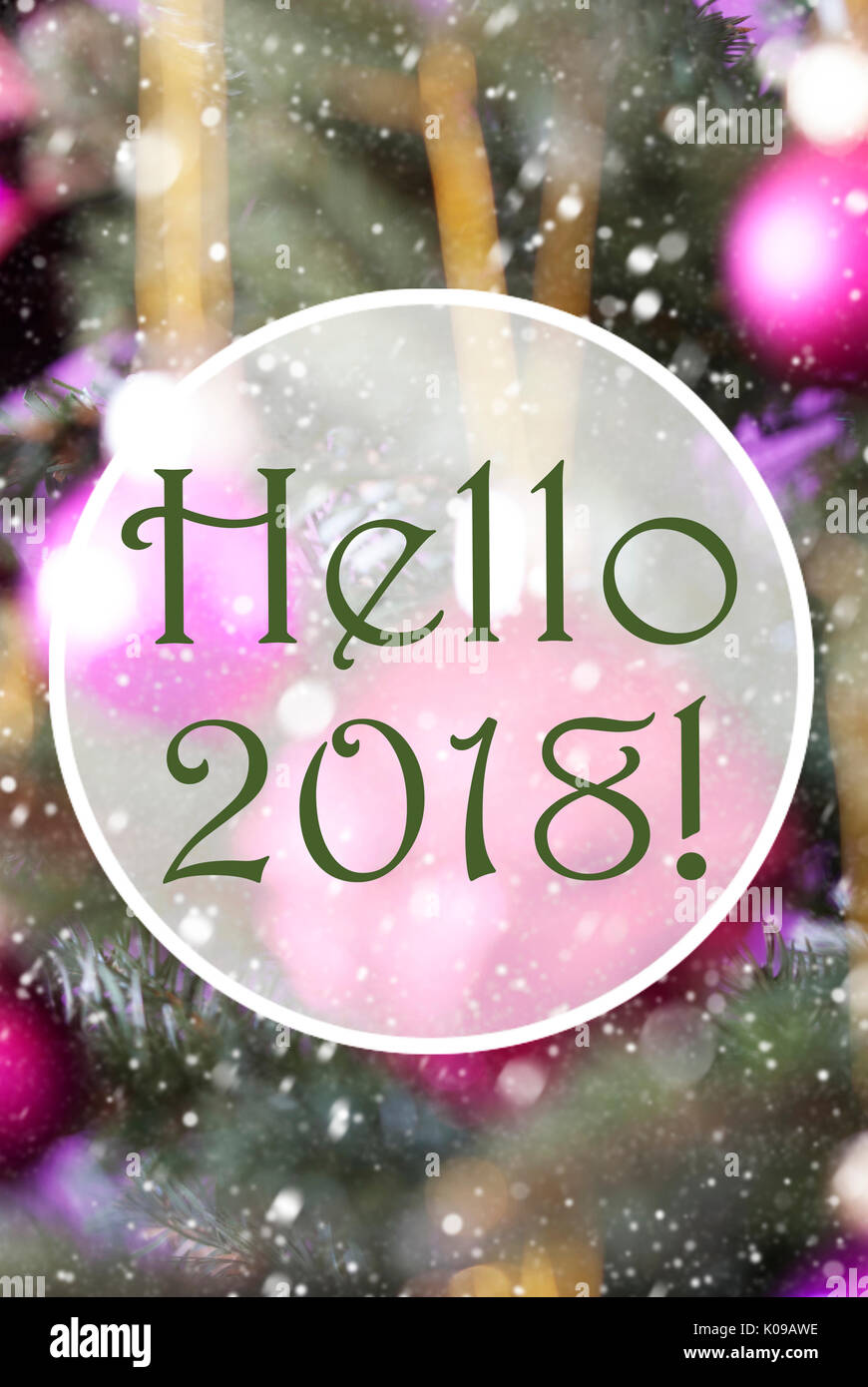 Vertical Rose Quartz Balls, Text Hello 2018 Stock Photo