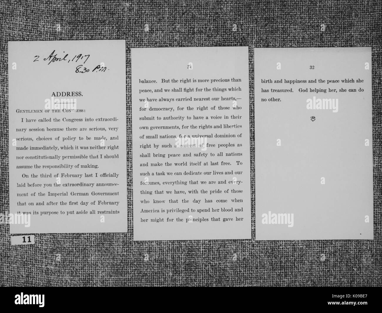 A three page letter to the Congress titled 'ADDRESS' from Woodrow Wilson, the president of the United States from March 4, 1913 - March 4, 1921, April 2, 1917. Stock Photo